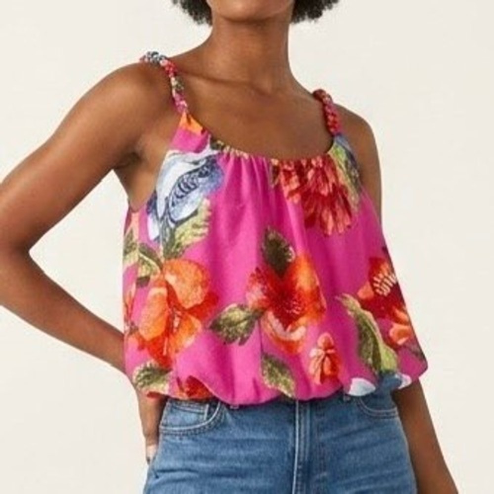 Skies Are Blue Floral Bubble Hem Tank Top Pink Braided Strap Blouse Small